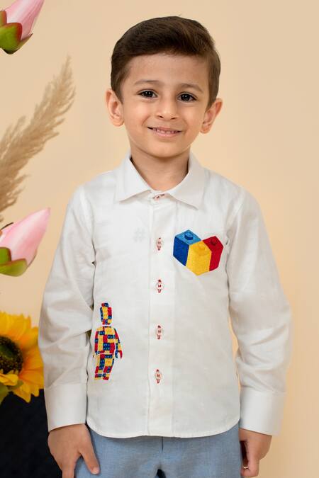 Little Boys Closet White Cotton Satin Embroidery Lego Placement Shirt 2