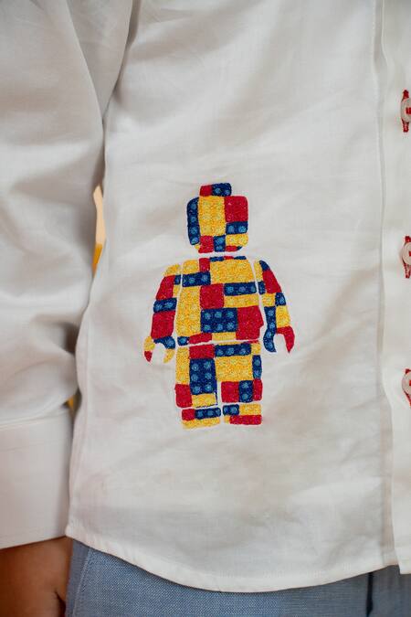 Little Boys Closet White Cotton Satin Embroidery Lego Placement Shirt 4