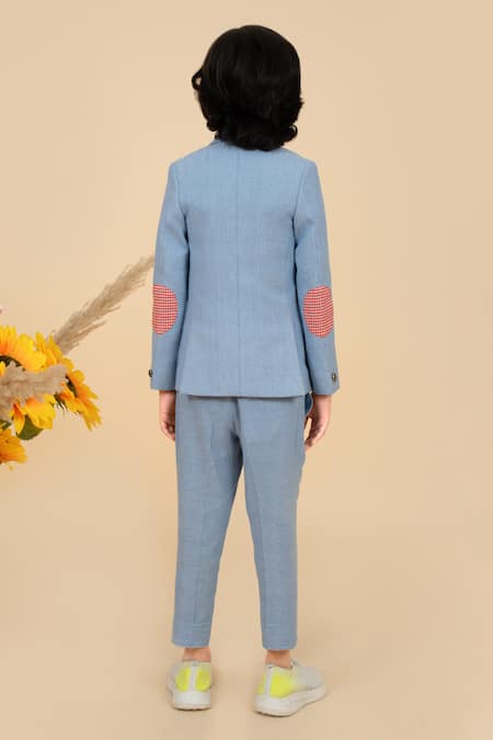 Shop Little Boys Closet Sky Blue Patchwork Pocket Blazer With Pant at Aza Fashions Shop_Little Boys Closet_Sky Blue Patchwork Pocket Blazer With Pant _at_Aza_Fashions