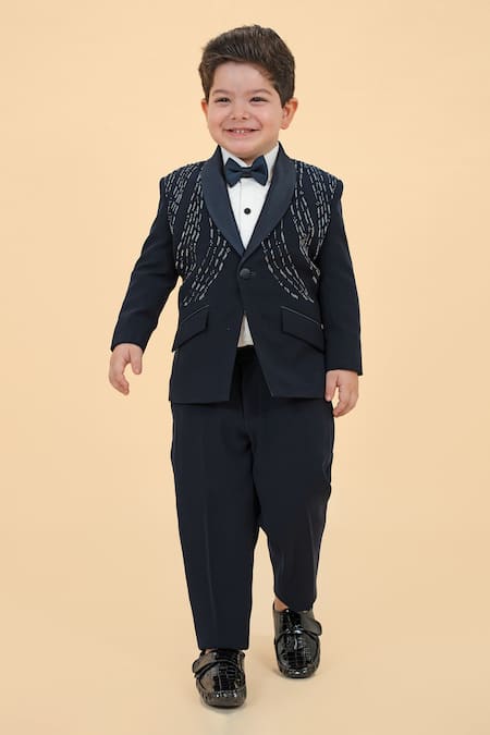 Shop Little Boys Closet Navy Polyester, Suede Cut Work, Embroidery Cutdana Tuxedo Set at Aza Fashions Shop_Little Boys Closet_Navy Polyester, Suede Cut Work, Embroidery Cutdana Tuxedo Set _at_Aza_Fashions