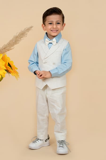 Shop_Little Boys Closet_White Cotton Stripe Pattern Waistcoat Pant Set _at_Aza_Fashions