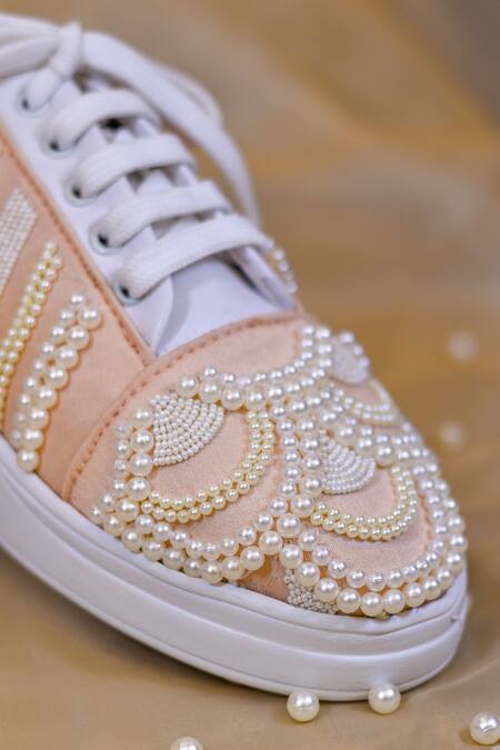 Buy_Around Always_Peach Basra Pearl Embroidered Sneakers_Online_at_Aza_Fashions