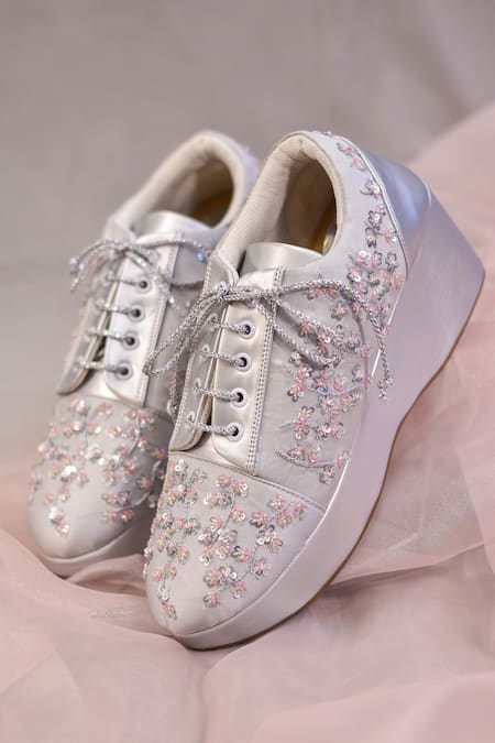 AROUND ALWAYS Silver Sequin Faith Floral Embroidered Sneaker Wedges 