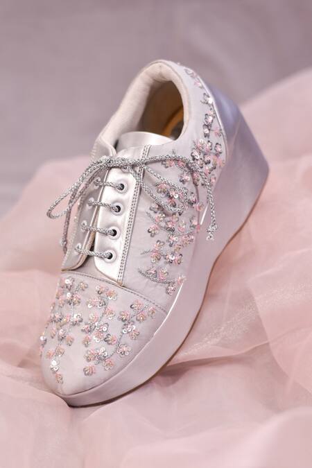 Shop Around Always Silver Faith Floral Embroidered Sneaker Wedges at Aza Fashions Shop_Around Always_Silver Faith Floral Embroidered Sneaker Wedges _at_Aza_Fashions