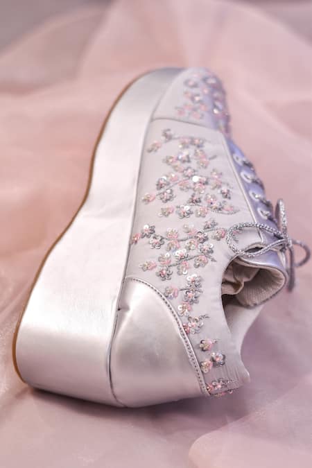 Around Always Silver Faith Floral Embroidered Sneaker Wedges Online at Aza Fashions Around Always_Silver Faith Floral Embroidered Sneaker Wedges _Online_at_Aza_Fashions
