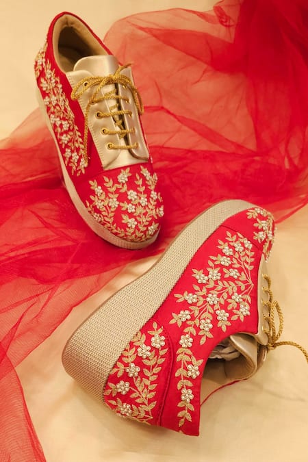 Around Always Red Pearls, Zari Mia Embroidered Sneaker Wedges Online at Aza Fashions Around Always_Red Pearls, Zari Mia Embroidered Sneaker Wedges _Online_at_Aza_Fashions