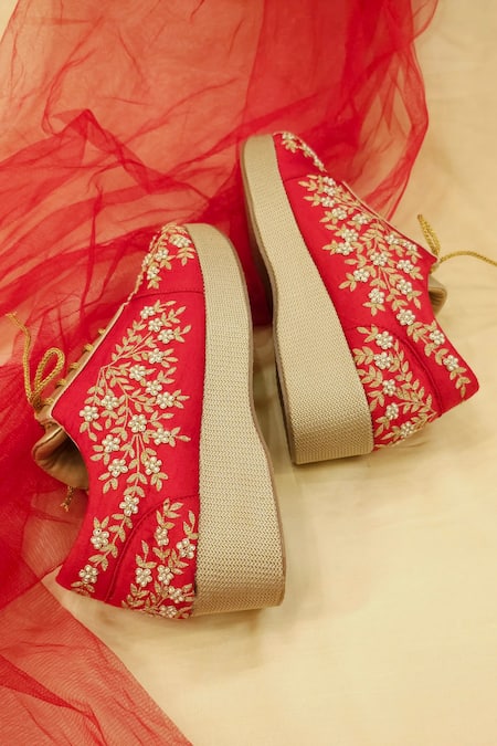 Buy Around Always Red Pearls, Zari Mia Embroidered Sneaker Wedges Online at Aza Fashions Buy_Around Always_Red Pearls, Zari Mia Embroidered Sneaker Wedges _Online_at_Aza_Fashions