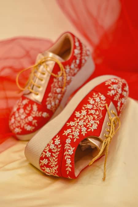 Shop Around Always Red Pearls, Zari Mia Embroidered Sneaker Wedges Online at Aza Fashions Shop_Around Always_Red Pearls, Zari Mia Embroidered Sneaker Wedges _Online_at_Aza_Fashions