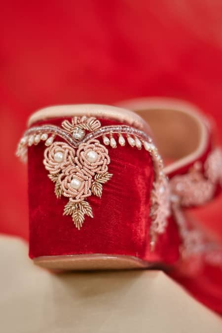 Around Always_Red Beads, Pearls, Zari Nina Embroidered Kolhapuri Wedges _Online_at_Aza_Fashions