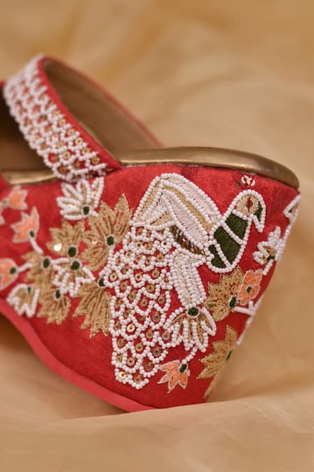 Around Always_Red Zari, Beads, Sequins Pankh Thread Embroidered Wedges _Online_at_Aza_Fashions