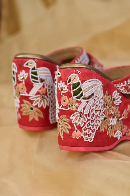 Buy_Around Always_Red Zari, Beads, Sequins Pankh Thread Embroidered Wedges _Online_at_Aza_Fashions