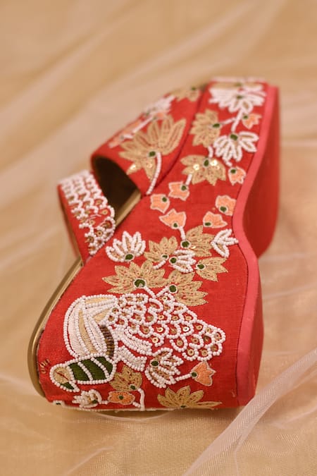 Shop_Around Always_Red Zari, Beads, Sequins Pankh Thread Embroidered Wedges _Online_at_Aza_Fashions
