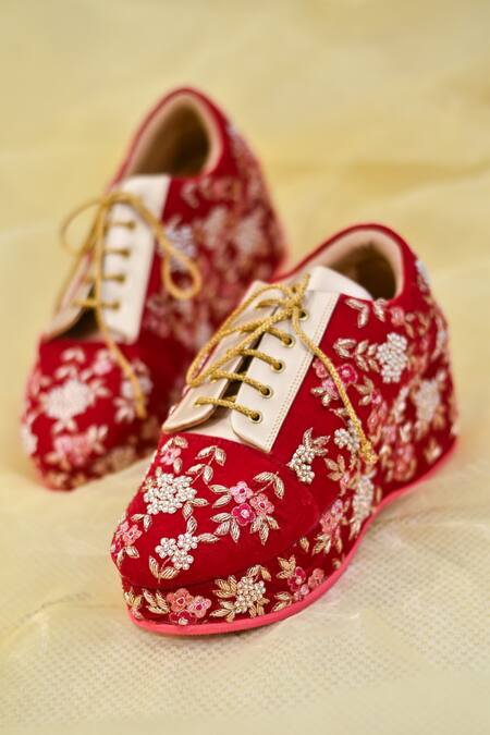 Shop Around Always Red Shireen Floral Embroidered Sneaker Wedges at Aza Fashions Shop_Around Always_Red Shireen Floral Embroidered Sneaker Wedges_at_Aza_Fashions