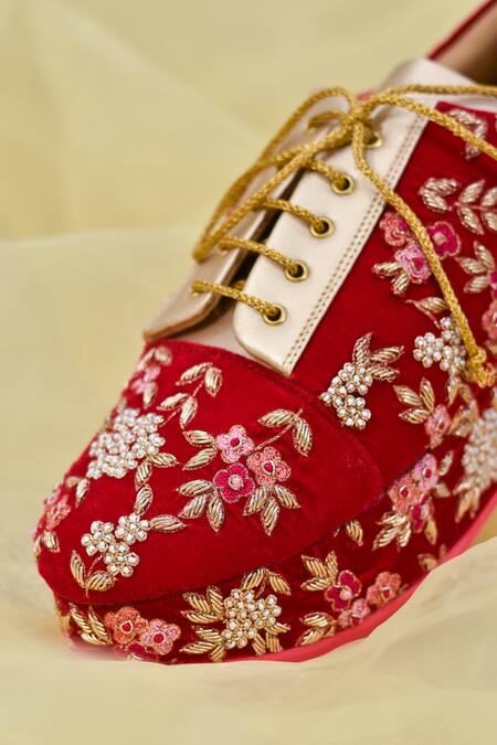 Around Always Red Shireen Floral Embroidered Sneaker Wedges Online at Aza Fashions Around Always_Red Shireen Floral Embroidered Sneaker Wedges_Online_at_Aza_Fashions