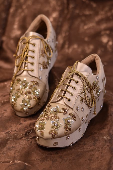 AROUND ALWAYS Gold Stone Stardust Pearl Embroidered Sneaker Wedges