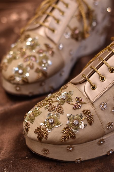 Around Always Gold Stardust Pearl Embroidered Sneaker Wedges Online at Aza Fashions Around Always_Gold Stardust Pearl Embroidered Sneaker Wedges _Online_at_Aza_Fashions