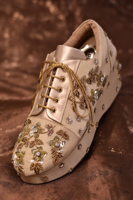 Shop Around Always Gold Stardust Pearl Embroidered Sneaker Wedges at Aza Fashions Shop_Around Always_Gold Stardust Pearl Embroidered Sneaker Wedges _at_Aza_Fashions