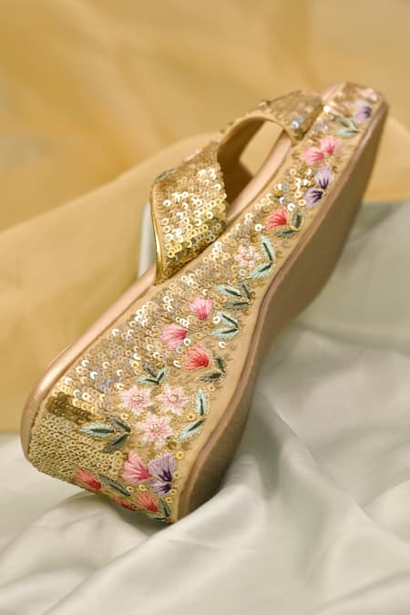 Around Always_Gold Zari, Sequins Tara Embroidered Wedges _Online_at_Aza_Fashions