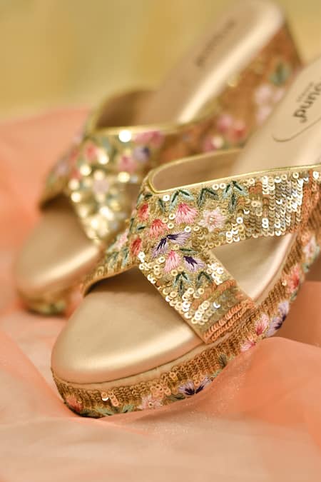 Shop_Around Always_Gold Zari, Sequins Tara Embroidered Wedges _Online_at_Aza_Fashions