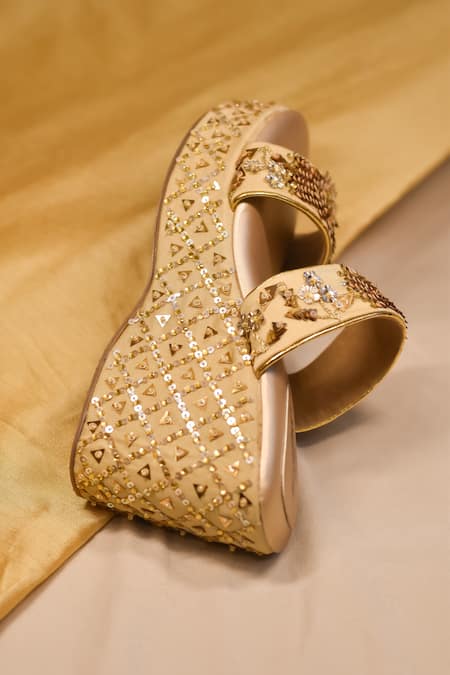 Around Always_Gold Zari, Beads, Sequins Victoria Thread Embroidered Wedges _Online_at_Aza_Fashions