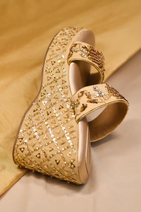 Shop_Around Always_Gold Zari, Beads, Sequins Victoria Thread Embroidered Wedges _Online_at_Aza_Fashions