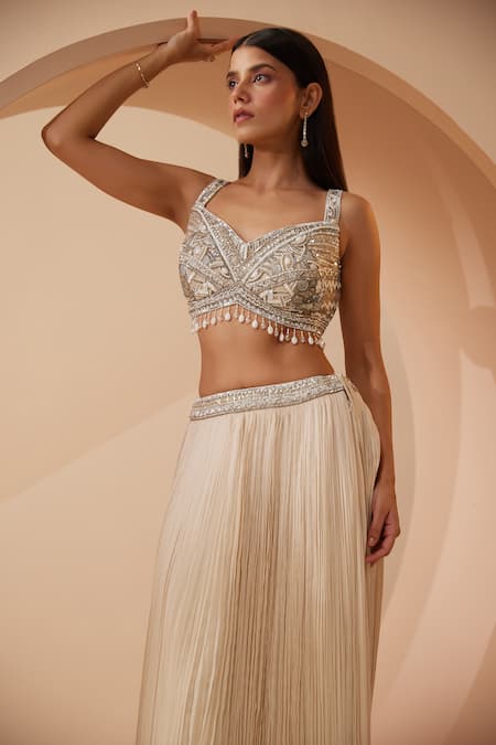 Roqa Off White Modal, Net, Satin Abida Pearl Embroidered Border Cape Lehenga Set Online at Aza Fashions Roqa_Off White Modal, Net, Satin Abida Pearl Embroidered Border Cape Lehenga Set _Online_at_Aza_Fashions