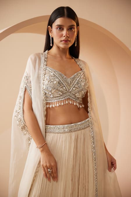 Buy Roqa Off White Modal, Net, Satin Abida Pearl Embroidered Border Cape Lehenga Set Online at Aza Fashions Buy_Roqa_Off White Modal, Net, Satin Abida Pearl Embroidered Border Cape Lehenga Set _Online_at_Aza_Fashions