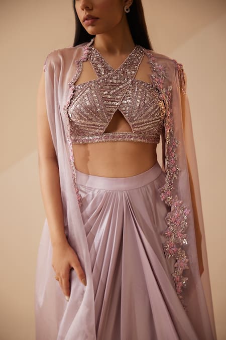 Roqa_Purple Modal, Organza, Satin Cut Work, Abigail Sheer Cape Draped Skirt Set _Online_at_Aza_Fashions
