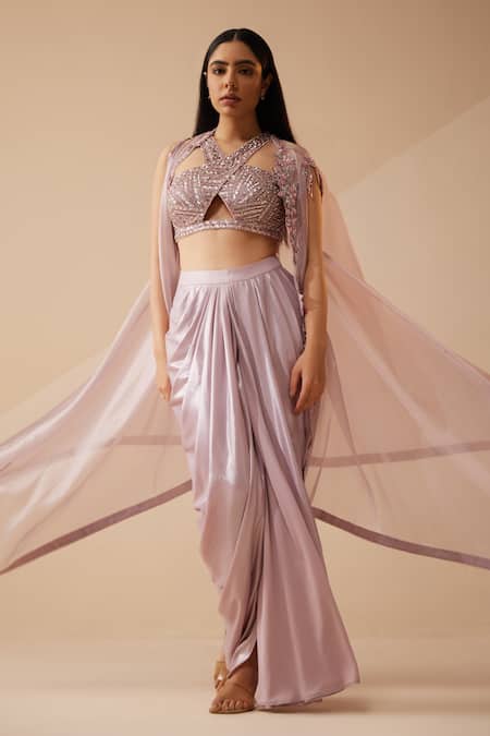 Buy_Roqa_Purple Modal, Organza, Satin Cut Work, Abigail Sheer Cape Draped Skirt Set _Online_at_Aza_Fashions