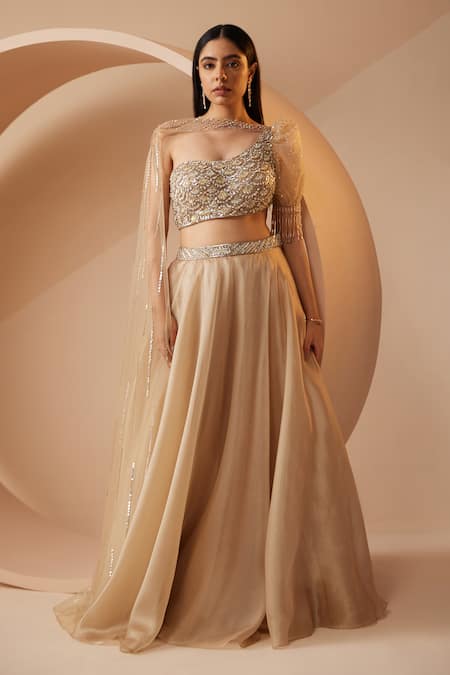Roqa Gold Organza Embroidery Pearls Asymmetric Neck Abira Draped Blouse With Lehenga