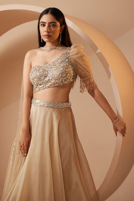 Roqa Gold Organza Sequins, Pearls, Cut Abira Embroidered Draped Blouse With Lehenga Online at Aza Fashions Roqa_Gold Organza Sequins, Pearls, Cut Abira Embroidered Draped Blouse With Lehenga _Online_at_Aza_Fashions