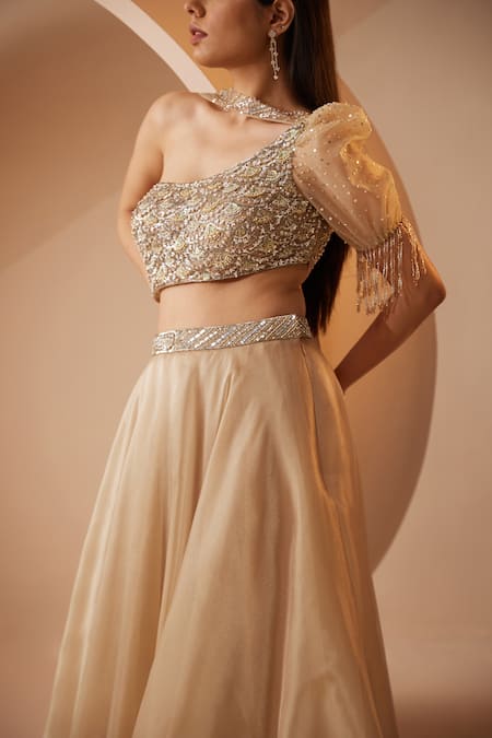 Buy Roqa Gold Organza Sequins, Pearls, Cut Abira Embroidered Draped Blouse With Lehenga Online at Aza Fashions Buy_Roqa_Gold Organza Sequins, Pearls, Cut Abira Embroidered Draped Blouse With Lehenga _Online_at_Aza_Fashions
