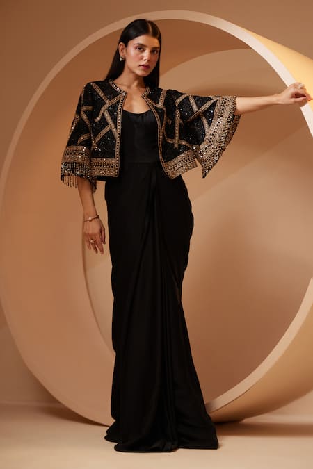 Roqa Draped Dress With Resham Embroidered Jacket 