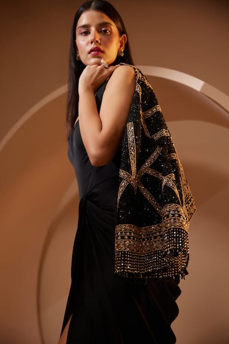 Buy Roqa Black Modal, Satin, Net Beads, Draped Dress With Resham Embroidered Jacket Online at Aza Fashions Buy_Roqa_Black Modal, Satin, Net Beads, Draped Dress With Resham Embroidered Jacket _Online_at_Aza_Fashions