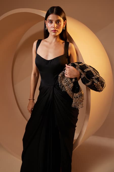 Shop Roqa Black Modal, Satin, Net Beads, Draped Dress With Resham Embroidered Jacket Online at Aza Fashions Shop_Roqa_Black Modal, Satin, Net Beads, Draped Dress With Resham Embroidered Jacket _Online_at_Aza_Fashions