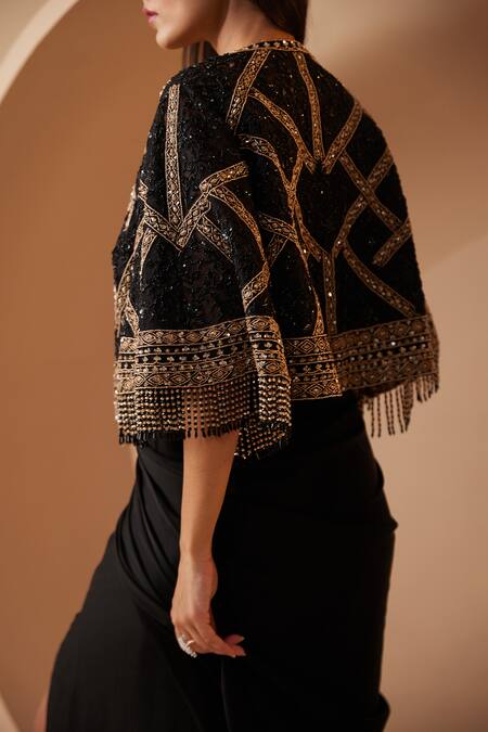 Roqa Black Modal, Satin, Net Beads, Draped Dress With Resham Embroidered Jacket at Aza Fashions Roqa_Black Modal, Satin, Net Beads, Draped Dress With Resham Embroidered Jacket _at_Aza_Fashions