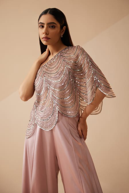 Roqa_Purple Net, Modal Sequins, Beads, Cut Aubagne Embroidered Blouse With Palazzo _Online_at_Aza_Fashions