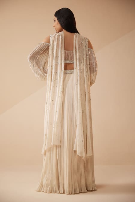 Shop Roqa Ivory Georgette, Organza, Chiffon Cannes Embroidered Blouse Lehenga Set at Aza Fashions Shop_Roqa_Ivory Georgette, Organza, Chiffon Cannes Embroidered Blouse Lehenga Set _at_Aza_Fashions