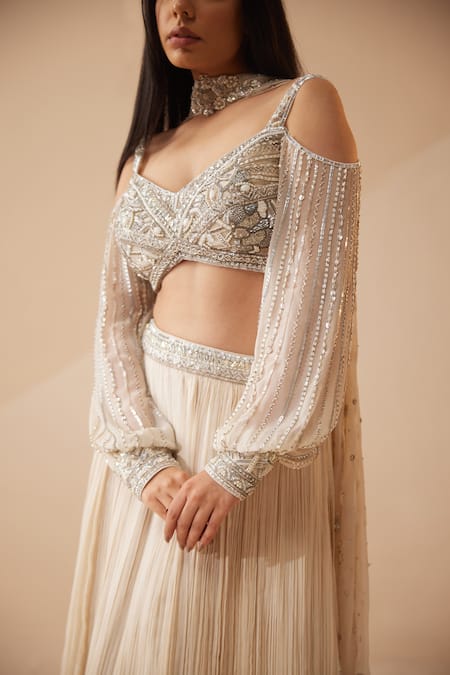 Roqa Ivory Georgette, Organza, Chiffon Cannes Embroidered Blouse Lehenga Set Online at Aza Fashions Roqa_Ivory Georgette, Organza, Chiffon Cannes Embroidered Blouse Lehenga Set _Online_at_Aza_Fashions