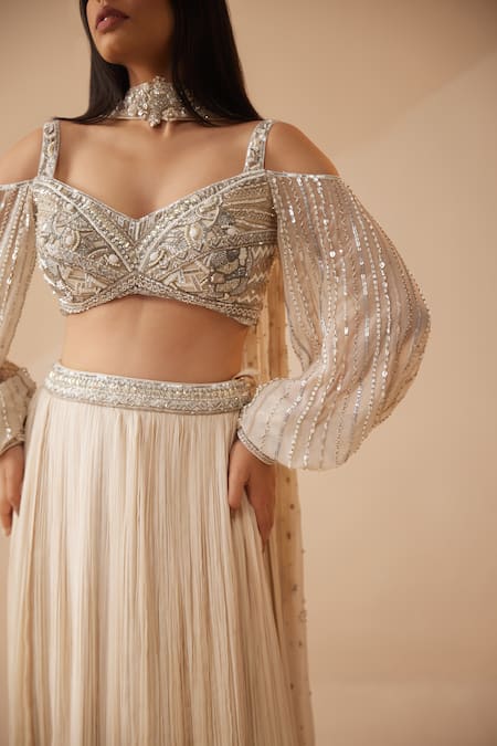 Roqa Ivory Georgette, Organza, Chiffon Cannes Embroidered Blouse Lehenga Set at Aza Fashions Roqa_Ivory Georgette, Organza, Chiffon Cannes Embroidered Blouse Lehenga Set _at_Aza_Fashions