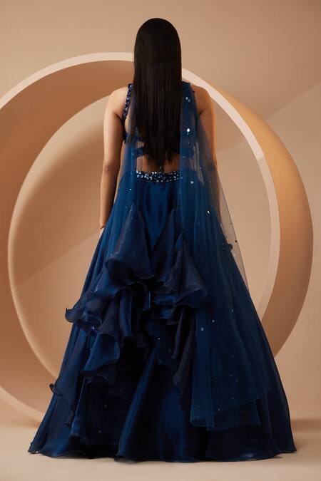 Shop Roqa Blue Organza Sequins Sweetheart Neck Chambery Embroidered Blouse Lehenga Set at Aza Fashions Shop_Roqa_Blue Organza Sequins Sweetheart Neck Chambery Embroidered Blouse Lehenga Set_at_Aza_Fashions