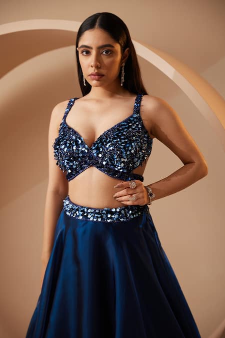 Roqa Blue Organza Sequins Sweetheart Neck Chambery Embroidered Blouse Lehenga Set Online at Aza Fashions Roqa_Blue Organza Sequins Sweetheart Neck Chambery Embroidered Blouse Lehenga Set_Online_at_Aza_Fashions
