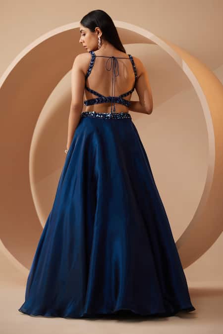 Shop Roqa Blue Organza Sequins Sweetheart Neck Chambery Embroidered Blouse Lehenga Set Online at Aza Fashions Shop_Roqa_Blue Organza Sequins Sweetheart Neck Chambery Embroidered Blouse Lehenga Set_Online_at_Aza_Fashions