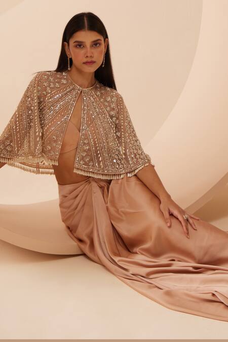 Buy_Roqa_Peach Modal, Satin, Net Pearls, Sequins, Claudia Embroidered Jacket Skirt Set _Online_at_Aza_Fashions