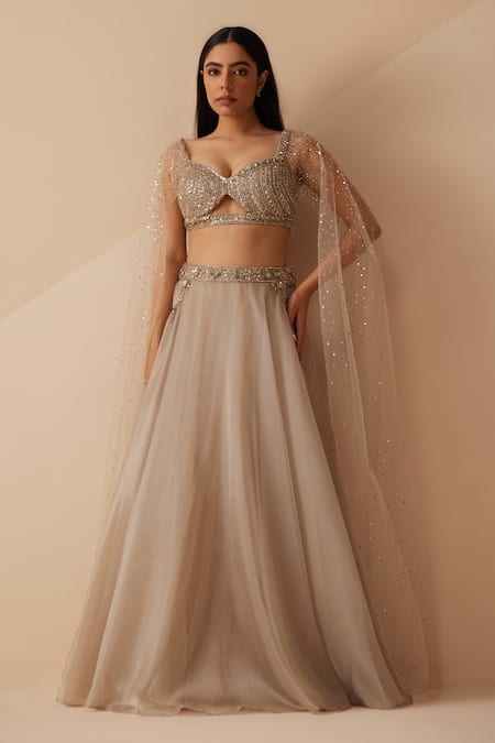 Roqa Grey Organza Embroidery Pearls Sweetheart Neck Dahlia Blouse With Lehenga