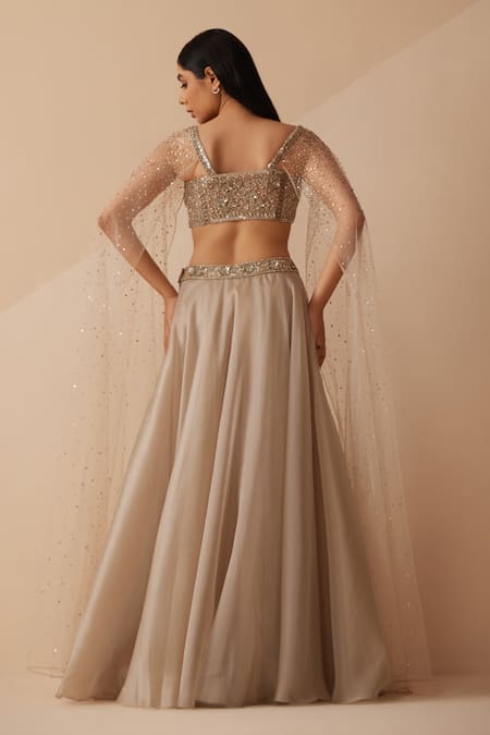 Shop Roqa Grey Organza Pearls, Sequins, Embroidery Sweetheart Dahlia Blouse With Lehenga at Aza Fashions Shop_Roqa_Grey Organza Pearls, Sequins, Embroidery Sweetheart Dahlia Blouse With Lehenga _at_Aza_Fashions