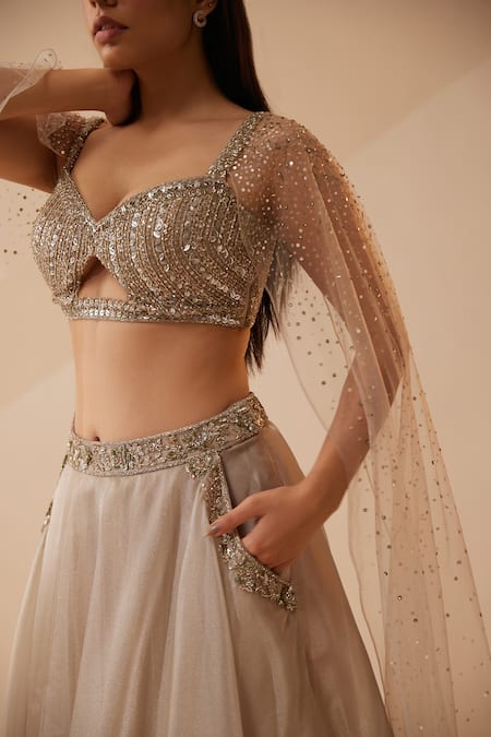 Buy Roqa Grey Organza Pearls, Sequins, Embroidery Sweetheart Dahlia Blouse With Lehenga Online at Aza Fashions Buy_Roqa_Grey Organza Pearls, Sequins, Embroidery Sweetheart Dahlia Blouse With Lehenga _Online_at_Aza_Fashions