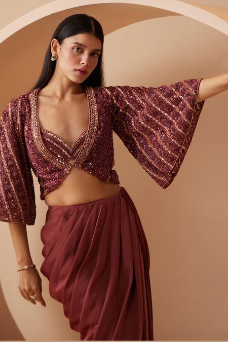 Roqa Maroon Net, Modal, Satin Sequins, Cut Divine Hand Embroidered Jacket Skirt Set Online at Aza Fashions Roqa_Maroon Net, Modal, Satin Sequins, Cut Divine Hand Embroidered Jacket Skirt Set _Online_at_Aza_Fashions