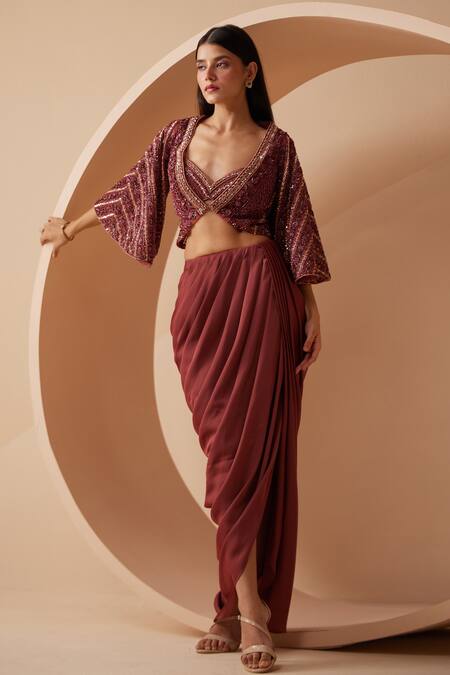 Buy Roqa Maroon Net, Modal, Satin Sequins, Cut Divine Hand Embroidered Jacket Skirt Set Online at Aza Fashions Buy_Roqa_Maroon Net, Modal, Satin Sequins, Cut Divine Hand Embroidered Jacket Skirt Set _Online_at_Aza_Fashions