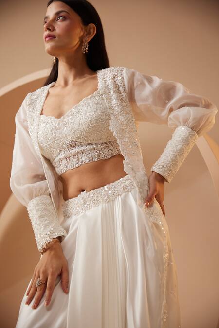 Buy_Roqa_White Modal, Satin Sequins Edessa Hand Embroidered Cape Dhoti Skirt Set _Online_at_Aza_Fashions